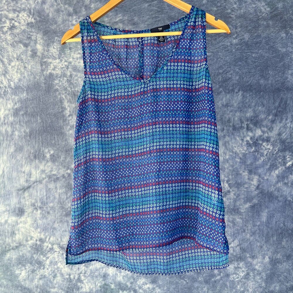Gap Sheer Sleeveless VNeck Blouse Top Blue Red White Geometric Keyhole Sz XS
